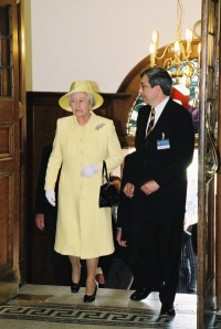 Her Majesty arrives accompanied by Prof Rick Trainor, the Vice- Chancellor of the University of Greenwich 