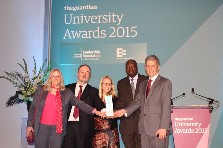 Collecting the award at the ceremony, representing NRI's C:AVA team, L–R: Adrienne Martin, Prof. Ben Bennett, Lora Forsythe and Prof. William Otim-Nape, who leads the Africa Innovations Institute in Uganda, a partner in C:AVA, and Vice-Chancellor of the University of Greenwich, Prof. David Maguire