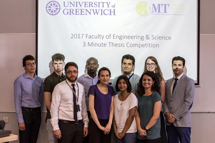 Participants in the 3MT 2017: Back row, L-R: Anthony Abbott (NRI), Billy Ferrara (Science), Eugene Ogbodo (Engineering), Alireza Monajati (Science), Sona Vyskocilova (NRI), Mehrdad Baharimehrabani (Engineering); Front row, L-R: Mohammed El Souri (Engineering), Dorna Varshavi (Science), Medhavi Ranatunga (Science), Alessandra D'Angelo (Science)