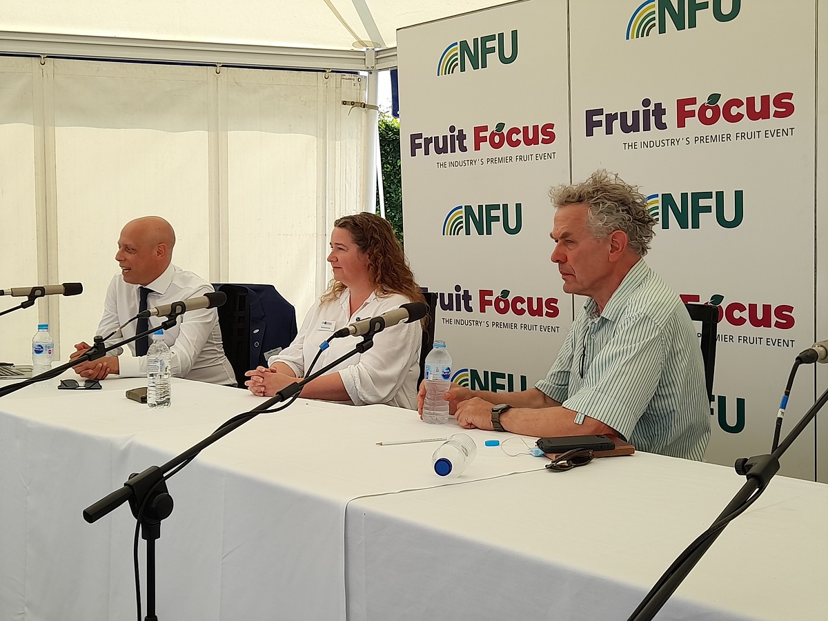 Prof. Mario Caccamo, MD of NIAB EMR, Dr Nicola Harrison Programme Director for Growing Kent & Medway and Oliver Doubleday, Chair of East Malling Trust announce the collaborative R&D grants at Fruit Focus in July 2021 | Photo: Growing Kent and Medway