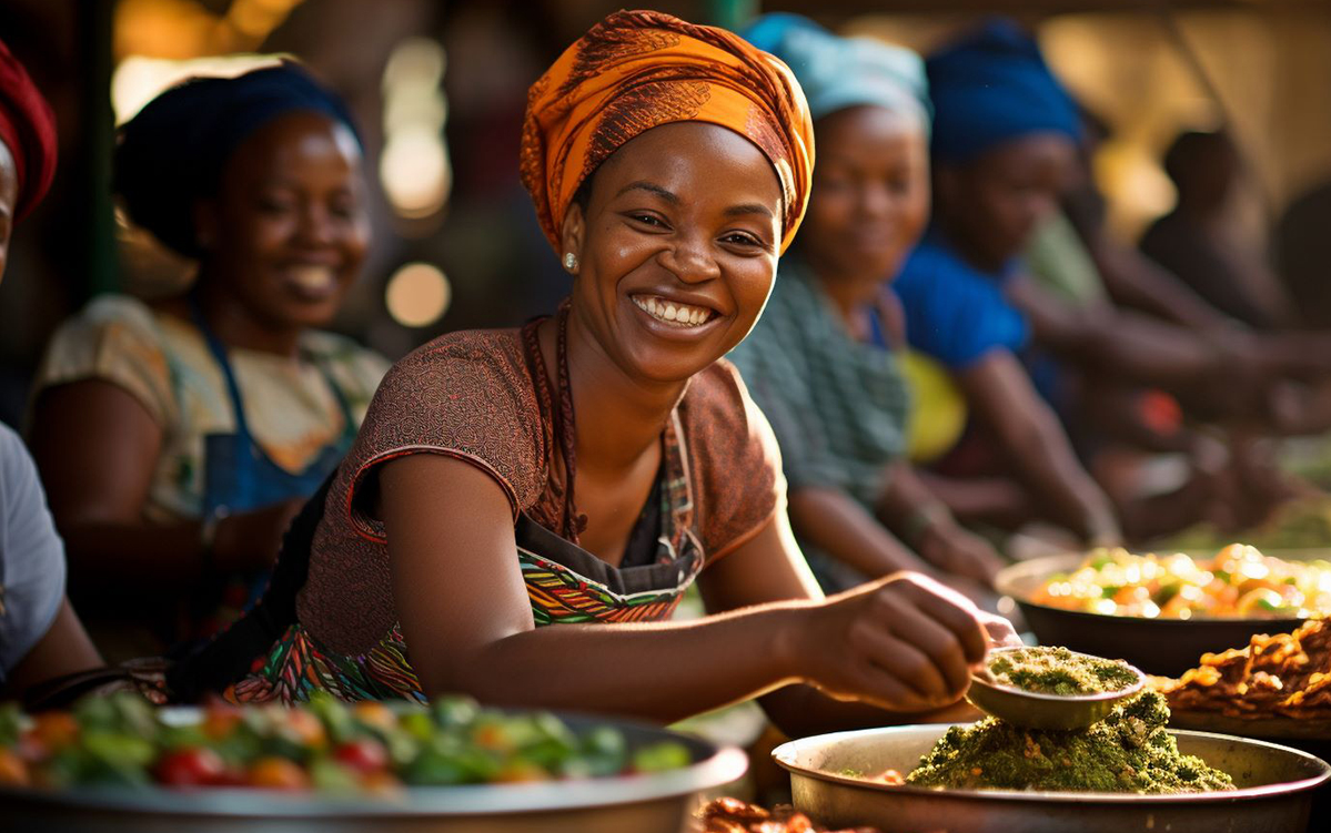 A group of African women preparing and serving food at a local food market.