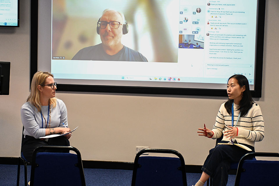 (L-R): Dr Lora Forsythe, Jean Malan (on screen) and Junhanlu Zhang during the panel discussion