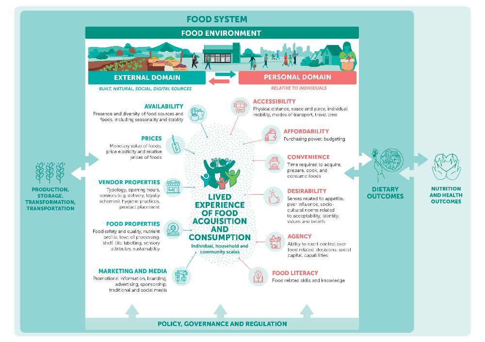 alt="Food system framework showing how external and personal factors shape food acquisition and consumption, and connect to dietary and health outcomes. Full text description follows.